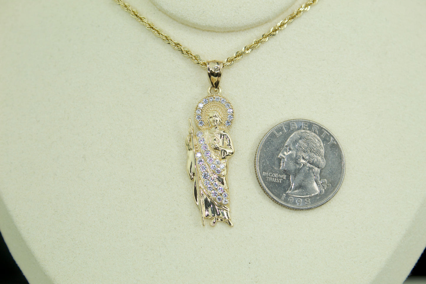 14k Gold San Judas Pendant – All-White Stone Edition