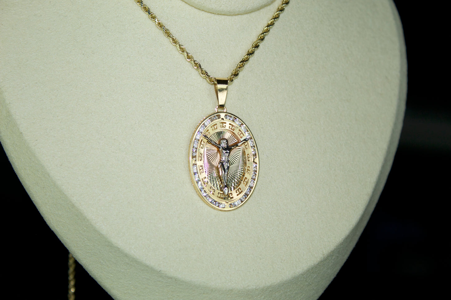 14K Crucifix 3-Tone CZ Greek Pendant