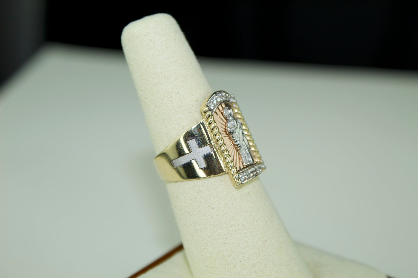 Handmade 14K 3 Tone San Judas Ring with CZ Accents