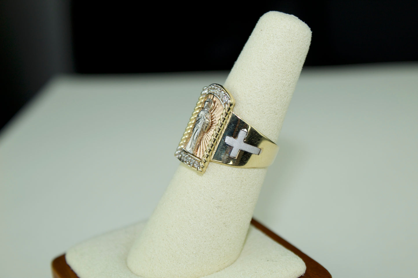 Handmade 14K 3 Tone San Judas Ring with CZ Accents