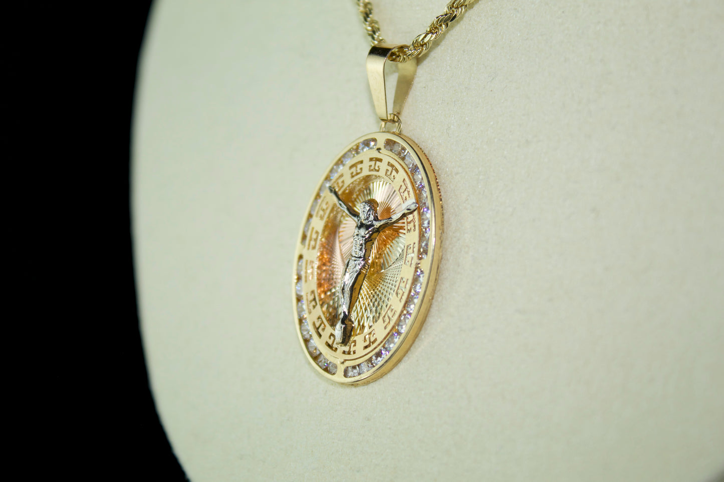 14K Crucifix 3-Tone CZ Greek Pendant