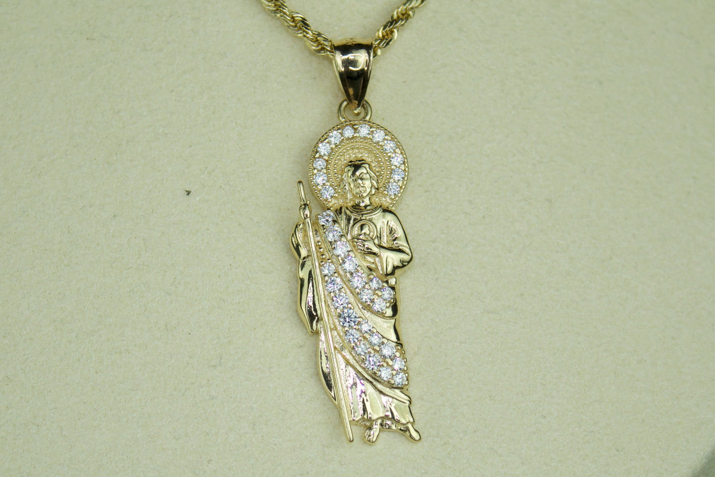 14k Gold San Judas Pendant – All-White Stone Edition