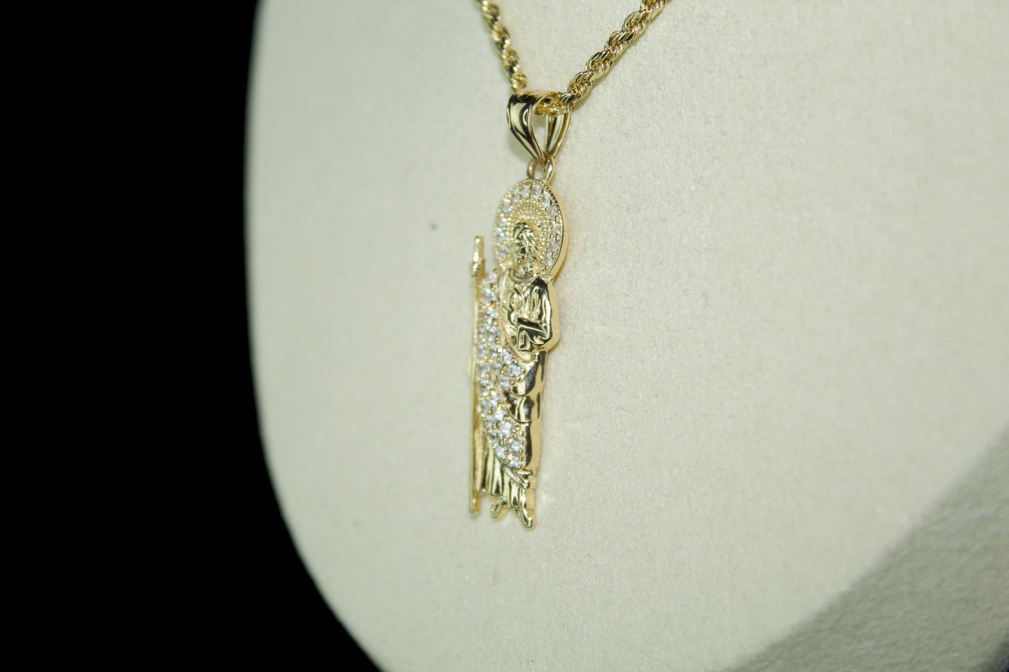 14k Gold San Judas Pendant – All-White Stone Edition