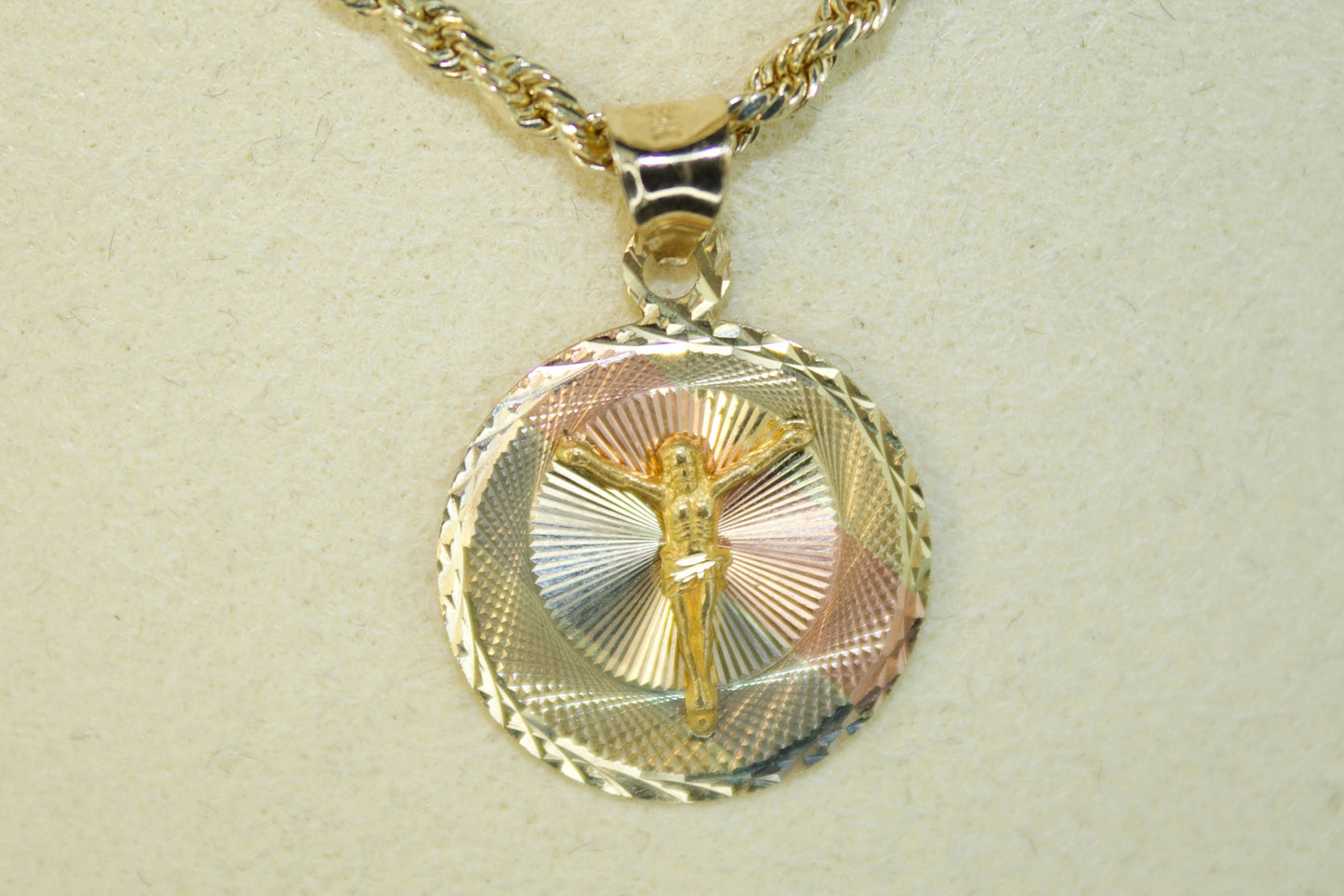 14K Tri-Tone Crucifix Medallion Pendant