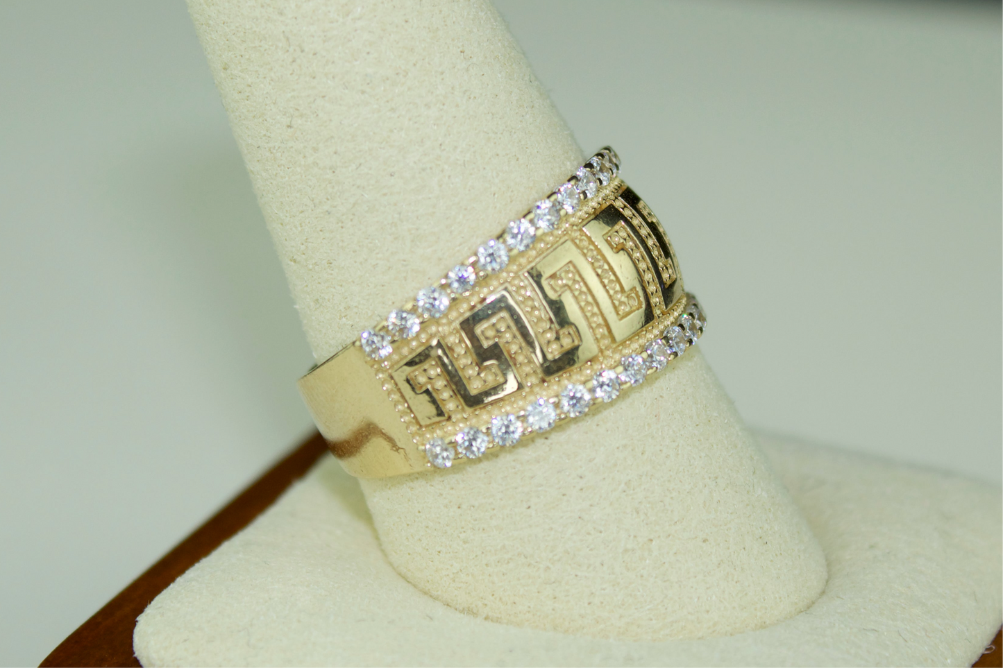14K Solid Greek Key Ring with CZ Accents