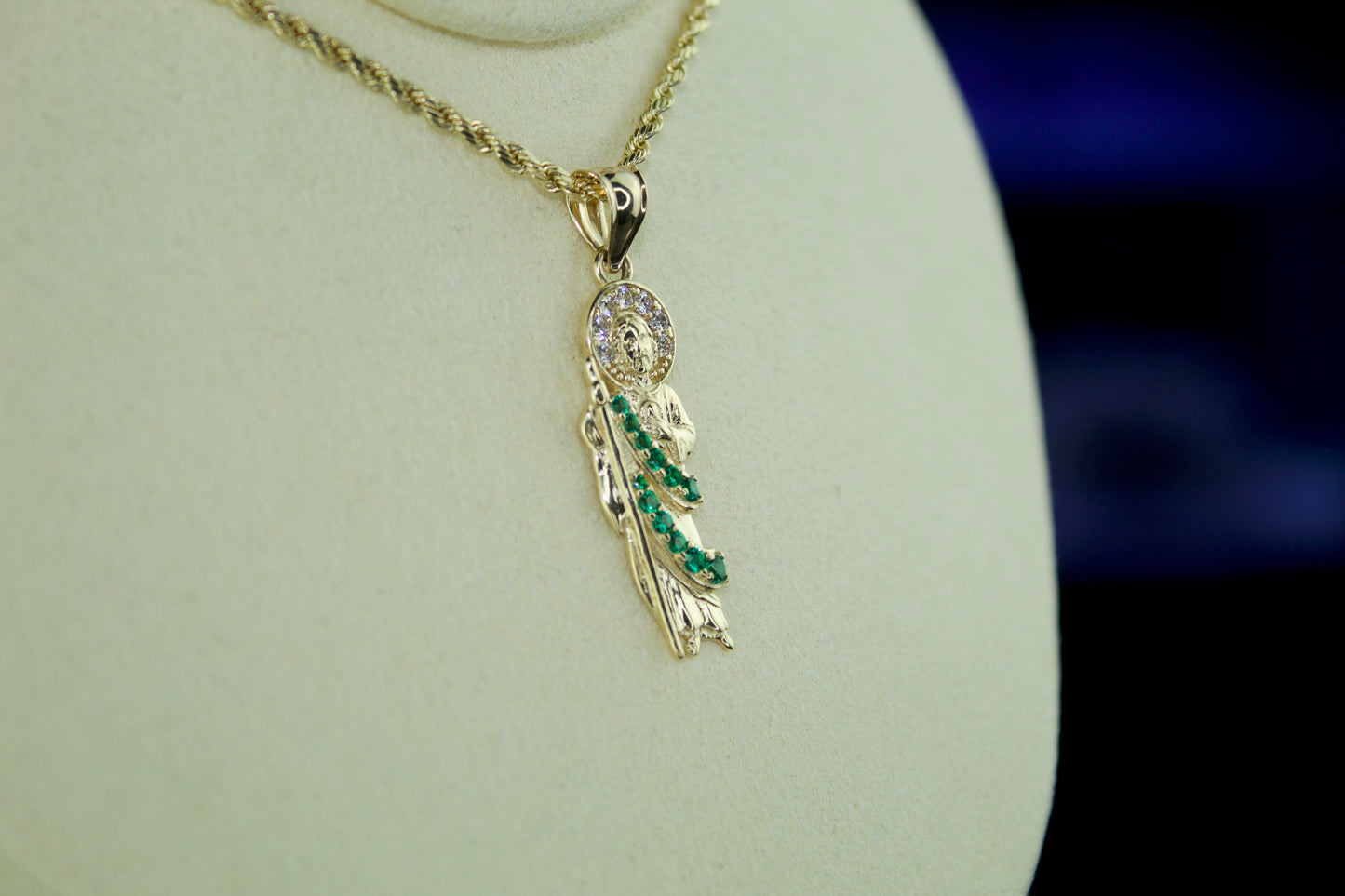 14k Gold San Judas Pendant – Emerald Accent Edition