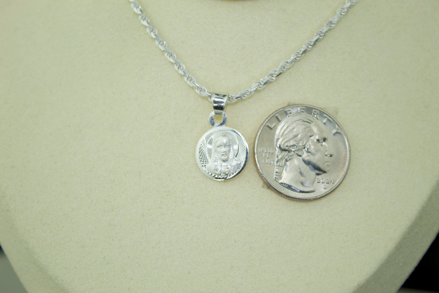 Double-Sided Sacred Heart and Virgen Pendant .925 Sterling Silver