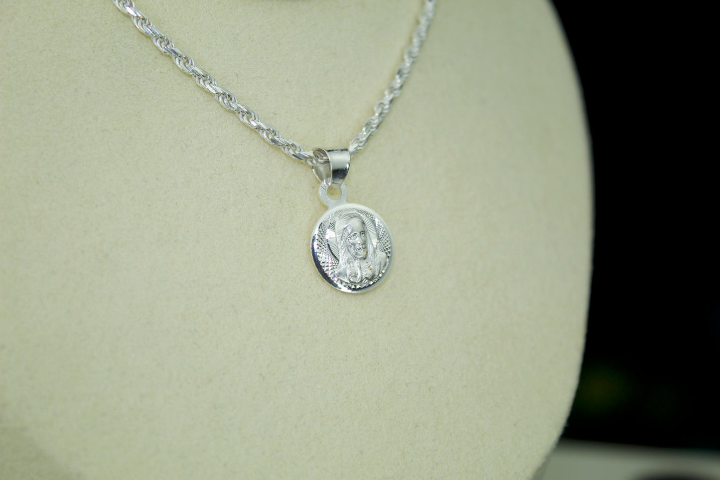 Double-Sided Sacred Heart and Virgen Pendant .925 Sterling Silver