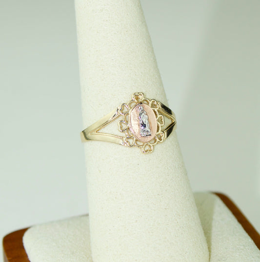 14K 3-Tone Virgen Ring with Filigree Hearts