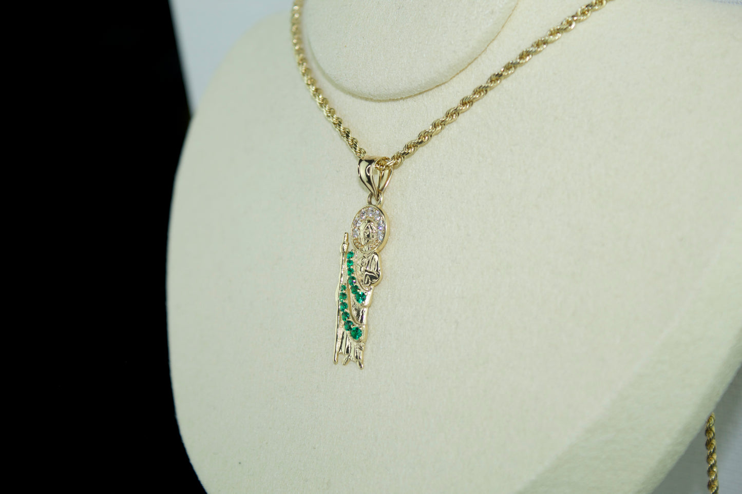 14k Gold San Judas Pendant – Emerald Accent Edition
