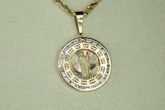 14K San Judas 3-Tone Greek CZ Pendant