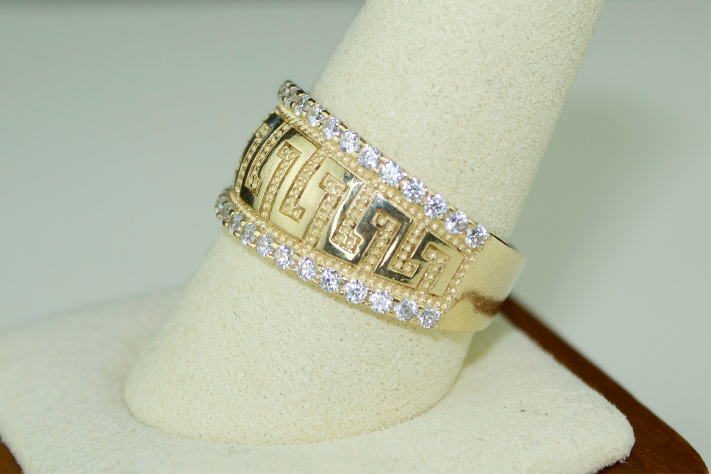 14K Solid Greek Key Ring with CZ Accents