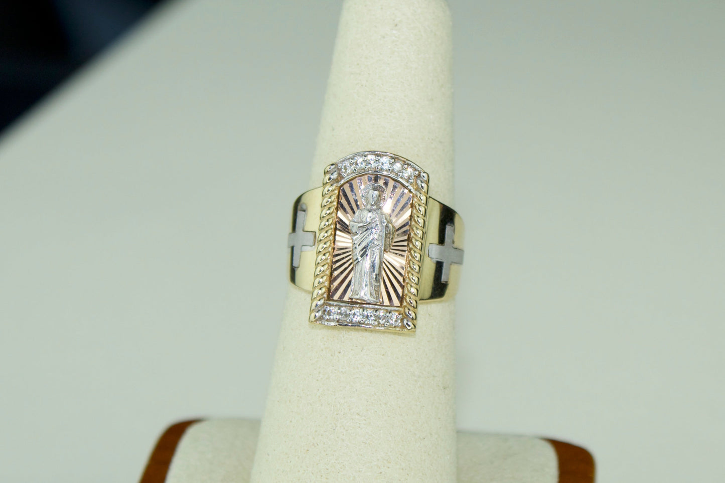 Handmade 14K 3 Tone San Judas Ring with CZ Accents