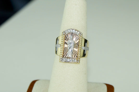 Handmade 14K 3 Tone San Judas Ring with CZ Accents