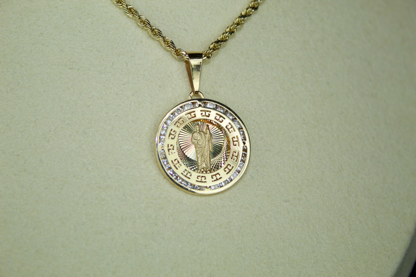 14K San Judas 3-Tone Greek CZ Pendant