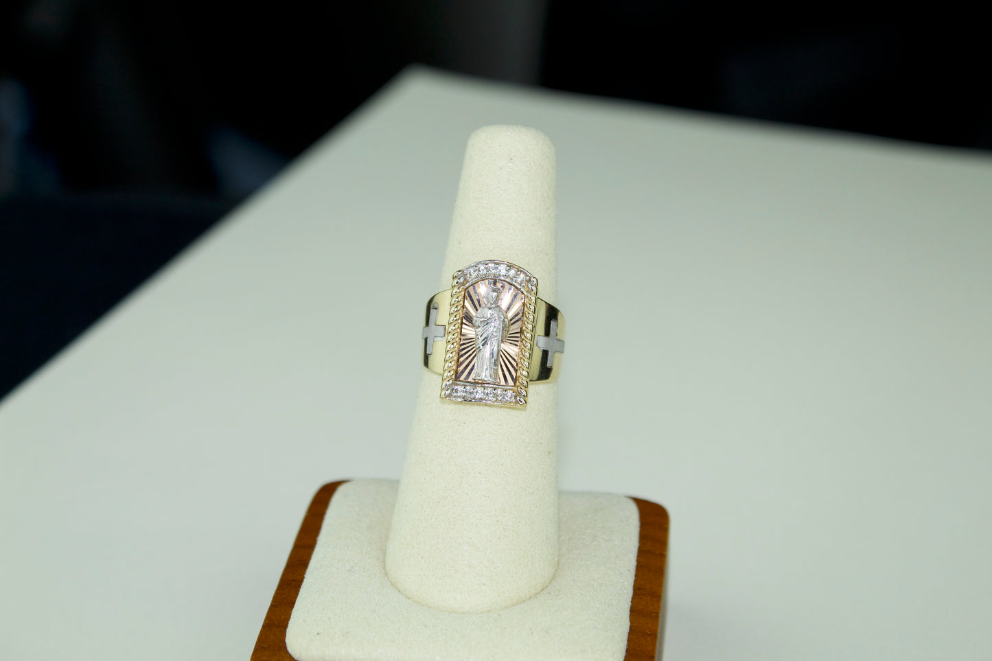 Handmade 14K 3 Tone San Judas Ring with CZ Accents