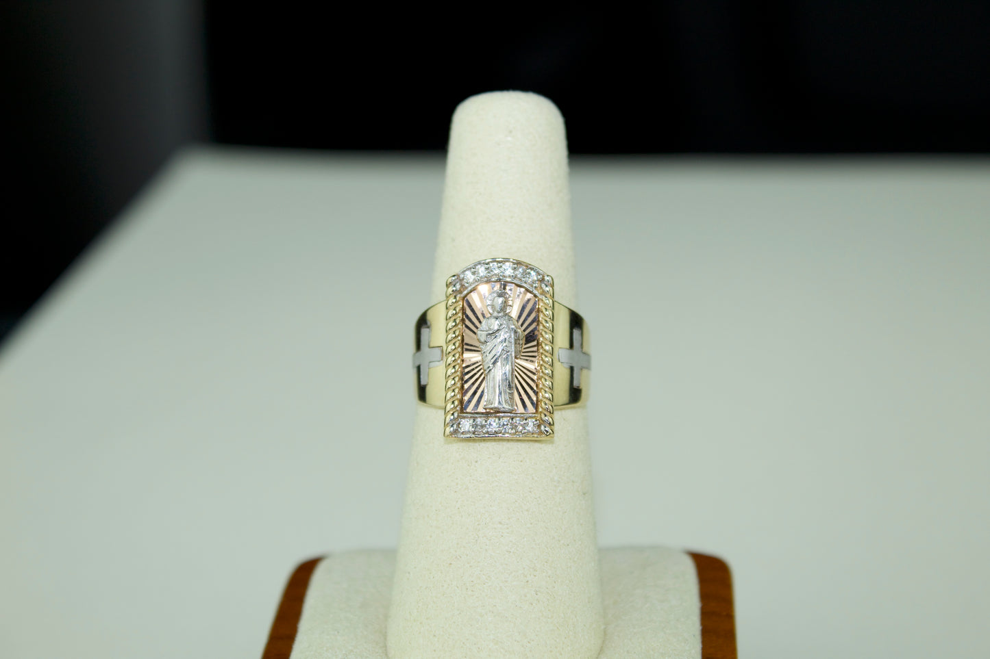 Handmade 14K 3 Tone San Judas Ring with CZ Accents