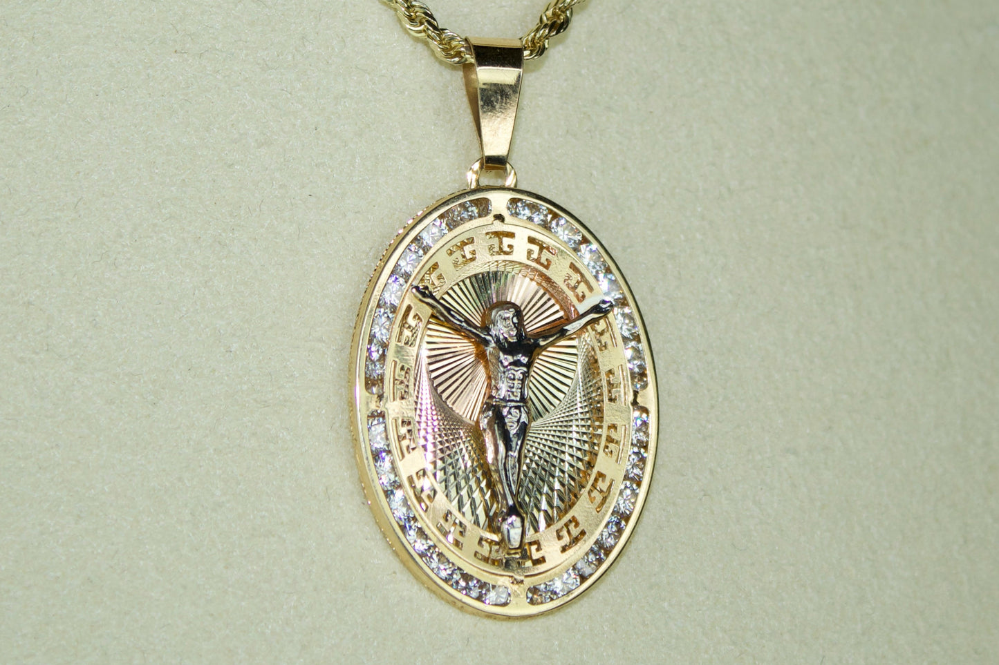 14K Crucifix 3-Tone CZ Greek Pendant