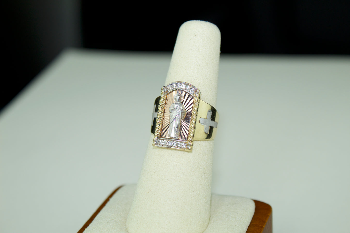 Handmade 14K 3 Tone San Judas Ring with CZ Accents
