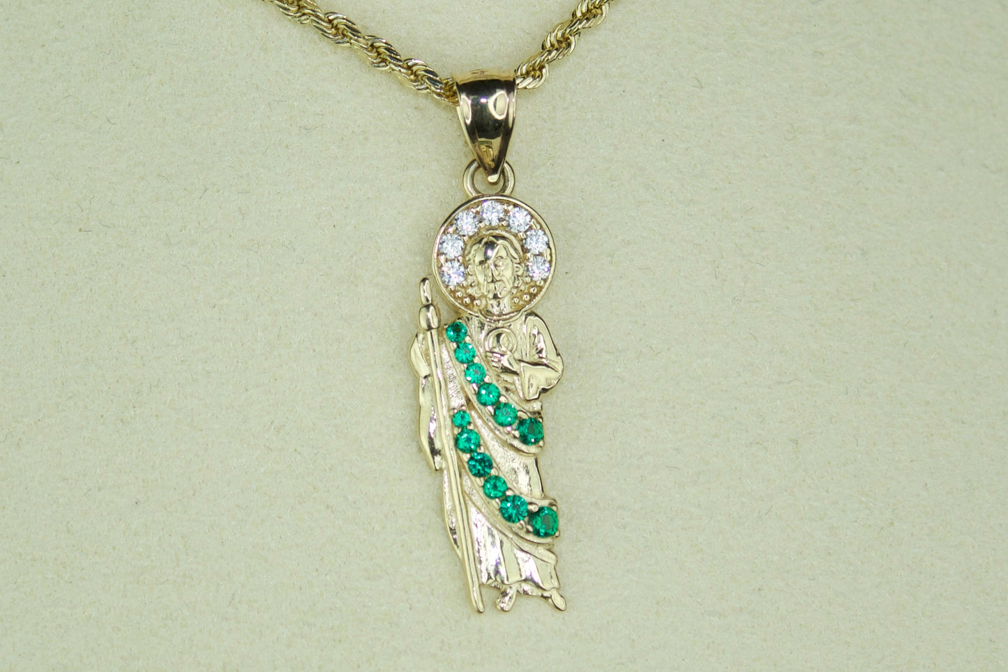 14k Gold San Judas Pendant – Emerald Accent Edition