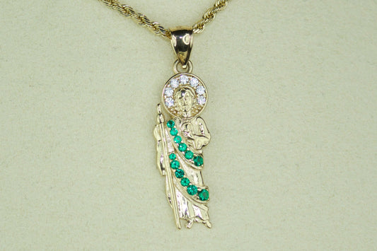 14k Gold San Judas Pendant – Emerald Accent Edition