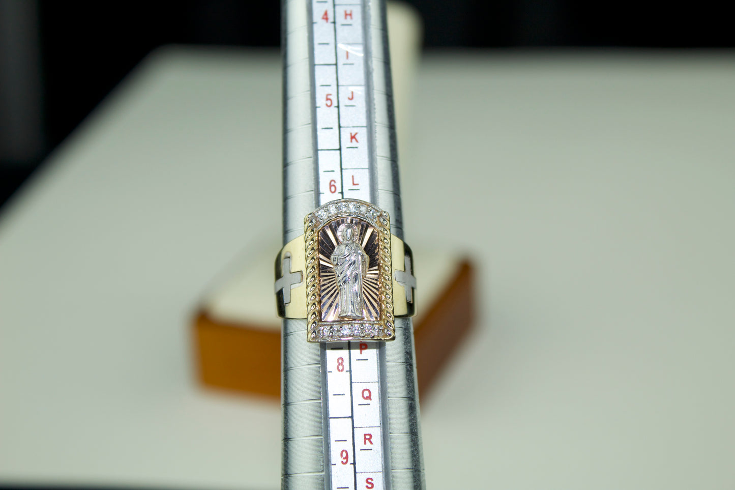 Handmade 14K 3 Tone San Judas Ring with CZ Accents