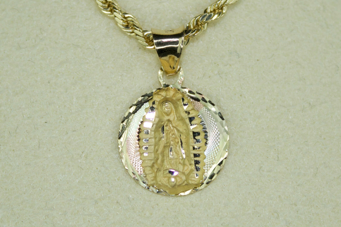 14K Virgen de Guadalupe Three-Tone Round Pendant