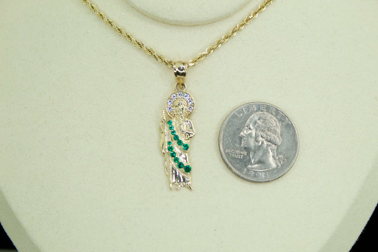 14k Gold San Judas Pendant – Emerald Accent Edition