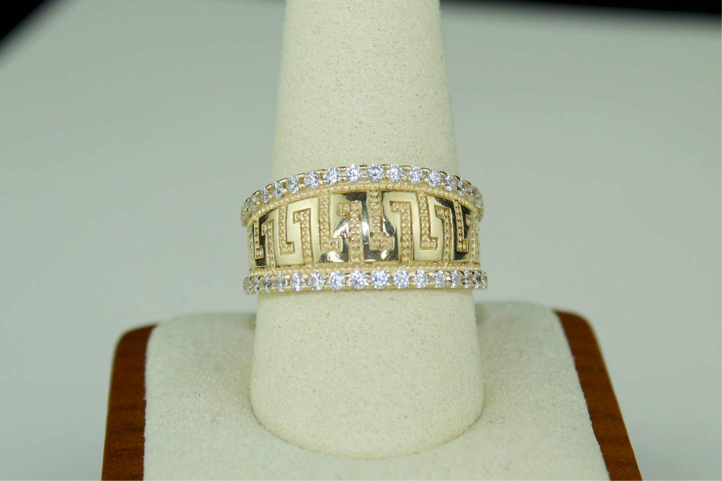 14K Solid Greek Key Ring with CZ Accents