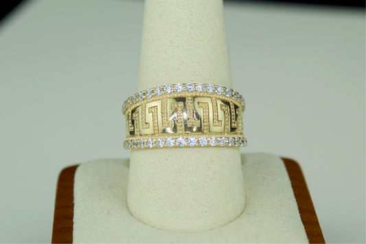 14K Solid Greek Key Ring with CZ Accents