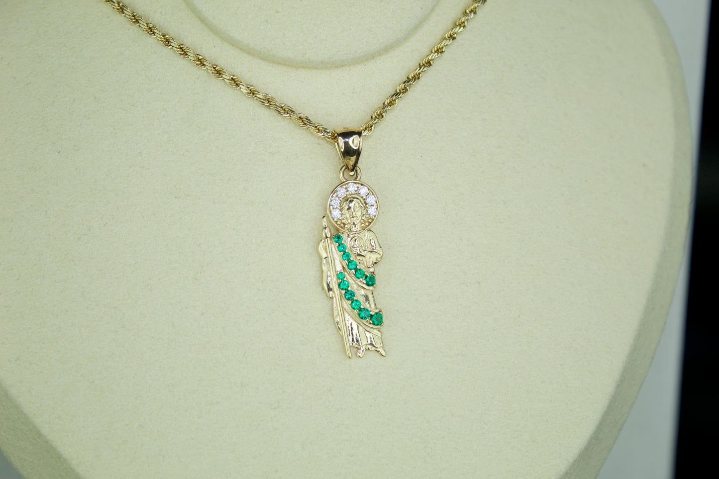 14k Gold San Judas Pendant – Emerald Accent Edition