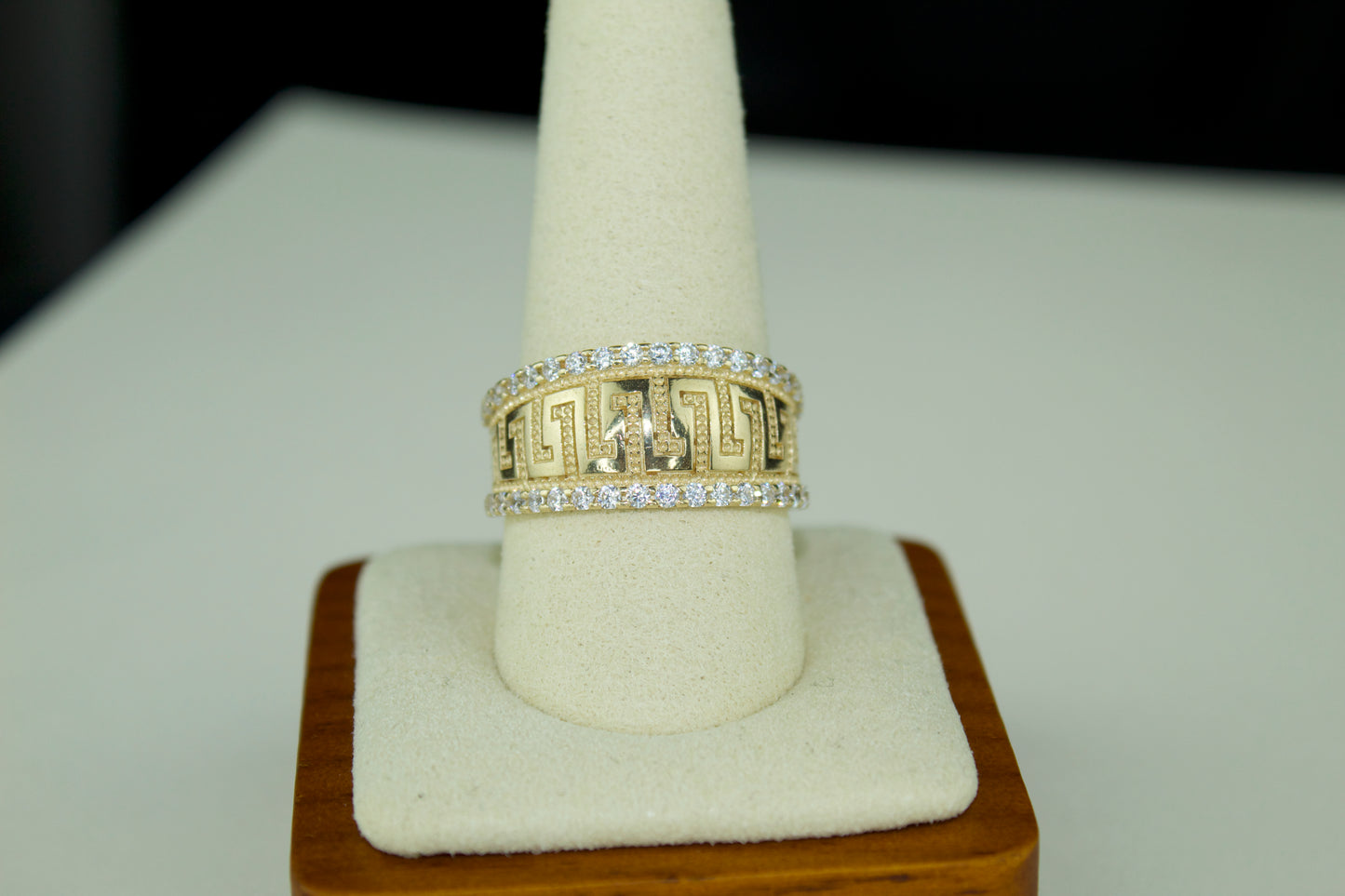 14K Solid Greek Key Ring with CZ Accents