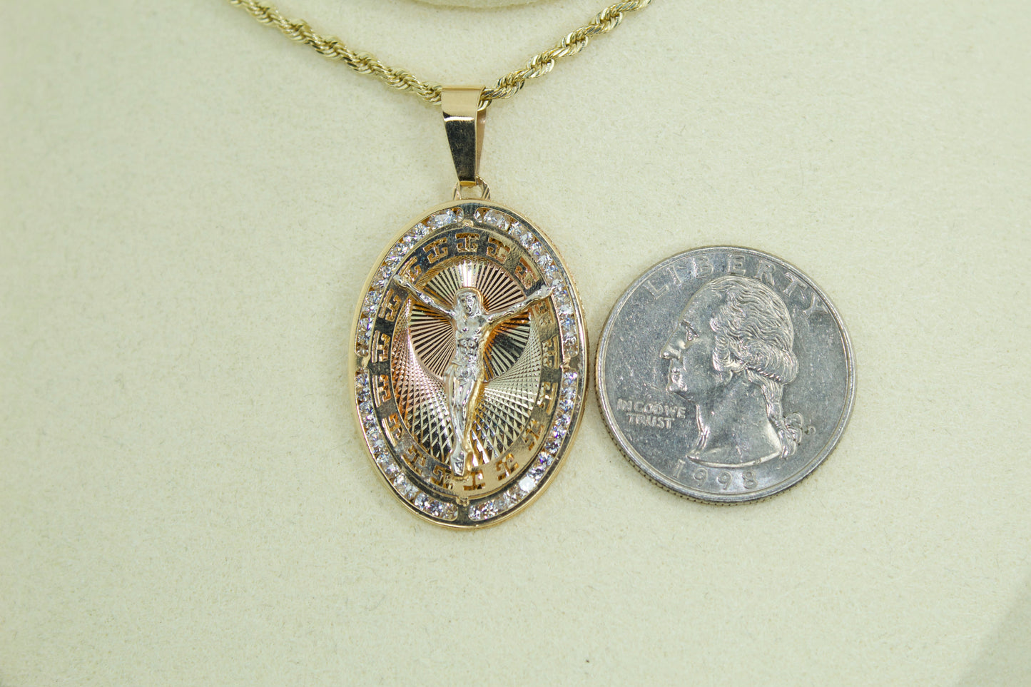 14K Crucifix 3-Tone CZ Greek Pendant