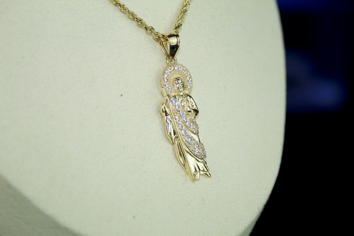 14k Gold San Judas Pendant – All-White Stone Edition