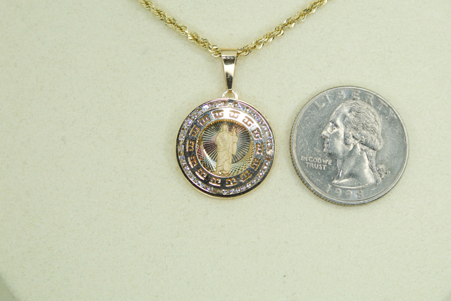 14K San Judas 3-Tone Greek CZ Pendant