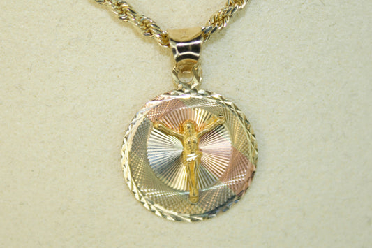 14K Tri-Tone Crucifix Medallion Pendant