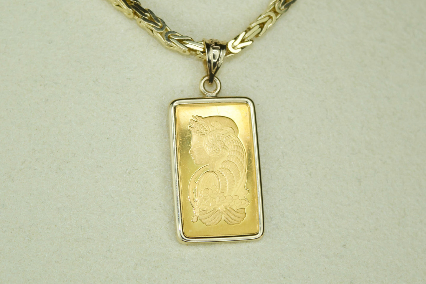 24K PAMP Suisse Lady Fortuna Bar with 14K Frame Pendant