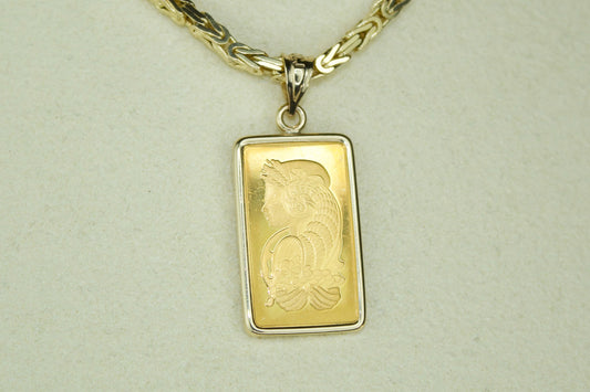 24K PAMP Suisse Lady Fortuna Bar with 14K Frame Pendant