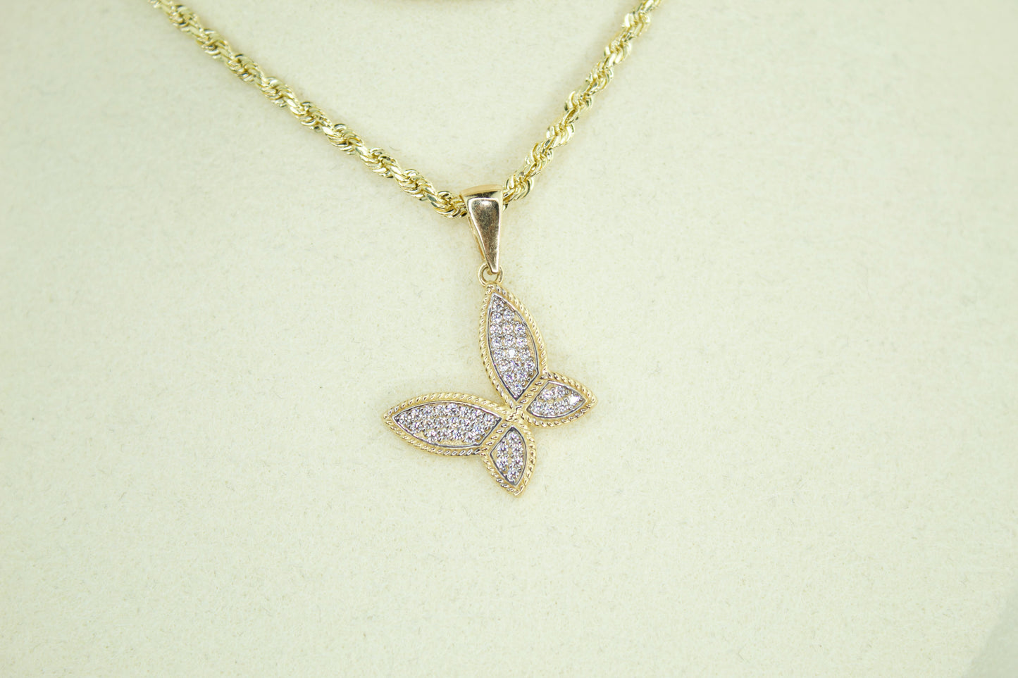 14K Butterfly CZ Pendant Necklace | Solid Gold | Optional Singapore or Rope Chain