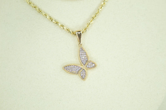 14K Butterfly CZ Pendant Necklace | Solid Gold | Optional Singapore or Rope Chain