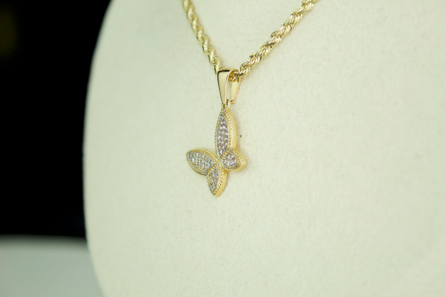 14K Butterfly CZ Pendant Necklace | Solid Gold | Optional Singapore or Rope Chain