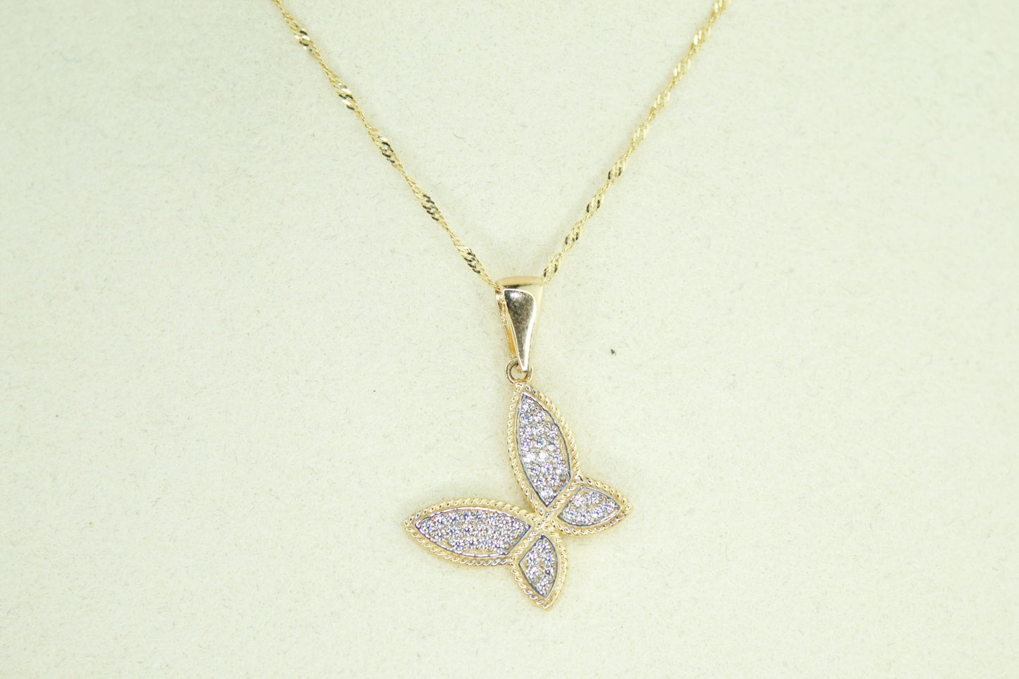 14K Butterfly CZ Pendant Necklace | Solid Gold | Optional Singapore or Rope Chain
