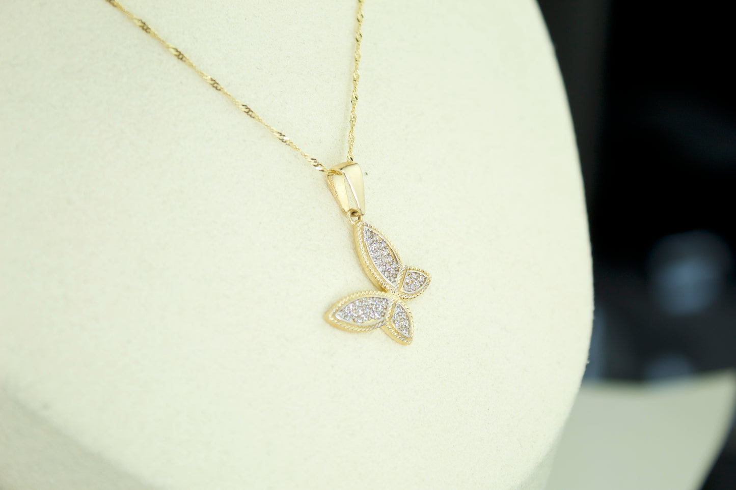 14K Butterfly CZ Pendant Necklace | Solid Gold | Optional Singapore or Rope Chain