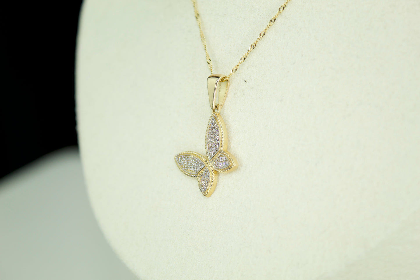 14K Butterfly CZ Pendant Necklace | Solid Gold | Optional Singapore or Rope Chain
