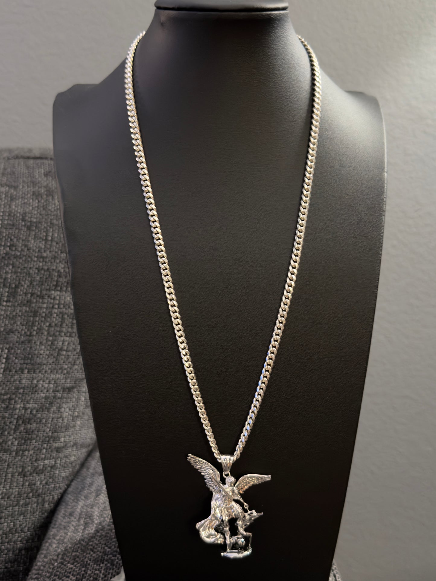 XL San Miguel Arcángel Pendant Set – .925 Sterling Silver | 24" Solid 5mm Miami Cuban Chain | Lobster Clasp