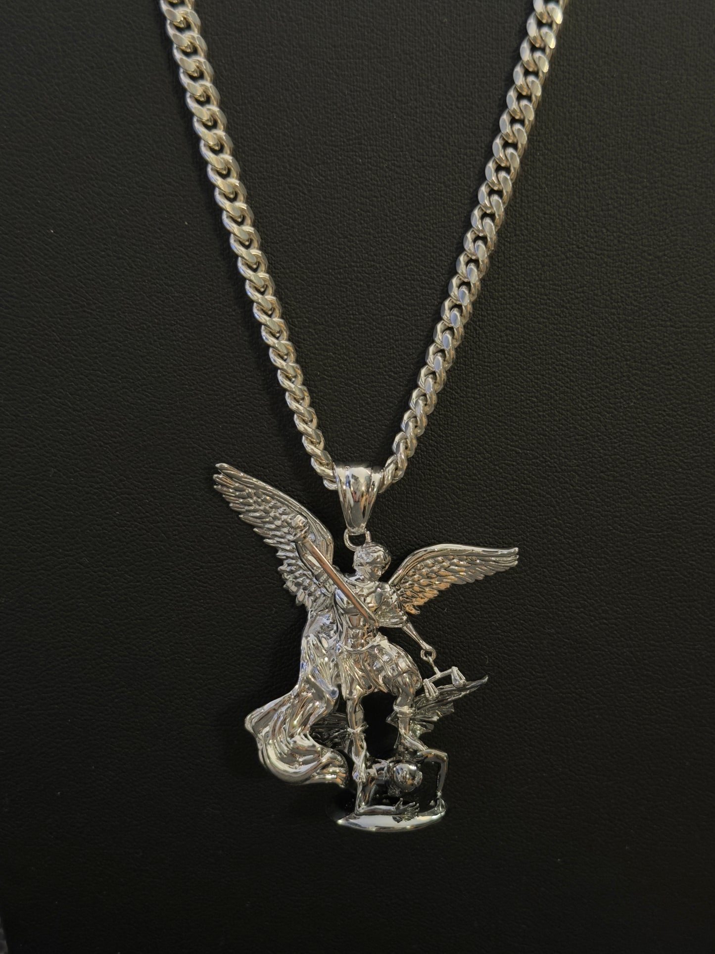 XL San Miguel Arcángel Pendant Set – .925 Sterling Silver | 24" Solid 5mm Miami Cuban Chain | Lobster Clasp