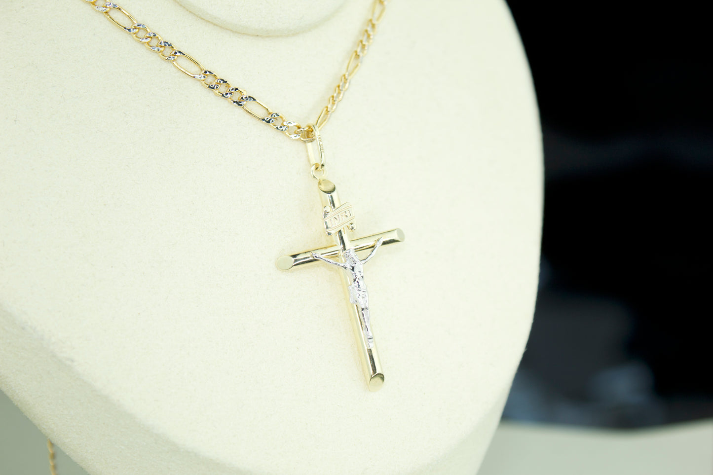 Tube Cross Pendant | 14K | Semi Hollow | Two Tone INRI Crucifix | Set Options Available