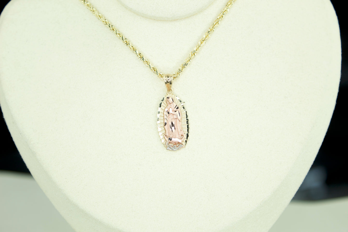 Virgencita Diamond-Cut Pendant | 14K | 3-Tone | Optional Hollow 20” Rope Chain Set