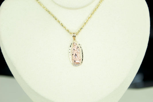 Virgencita Diamond-Cut Pendant | 14K | 3-Tone | Optional Hollow 20” Rope Chain Set