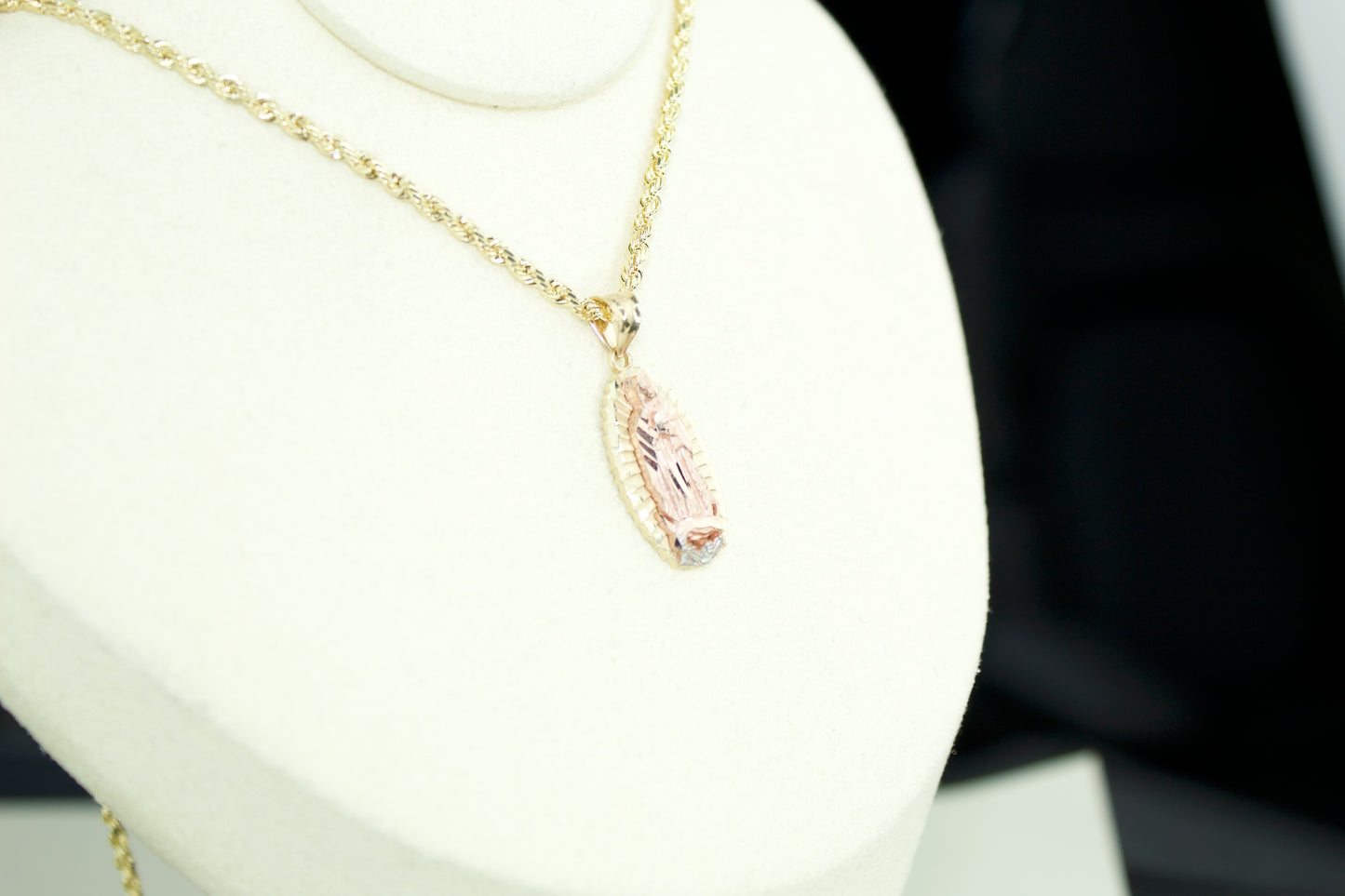 Virgencita Diamond-Cut Pendant | 14K | 3-Tone | Optional Hollow 20” Rope Chain Set